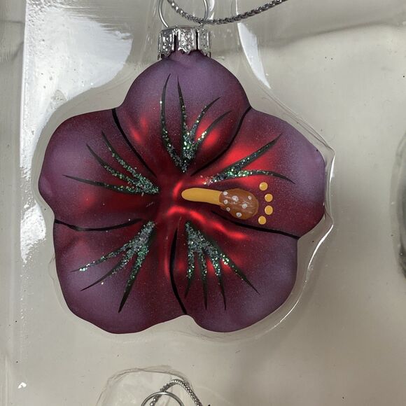 Hawaiian Tropical Holiday Mini Glass Christmas Ornaments Set 4 Santa, Hibiscus - Picture 6 of 10